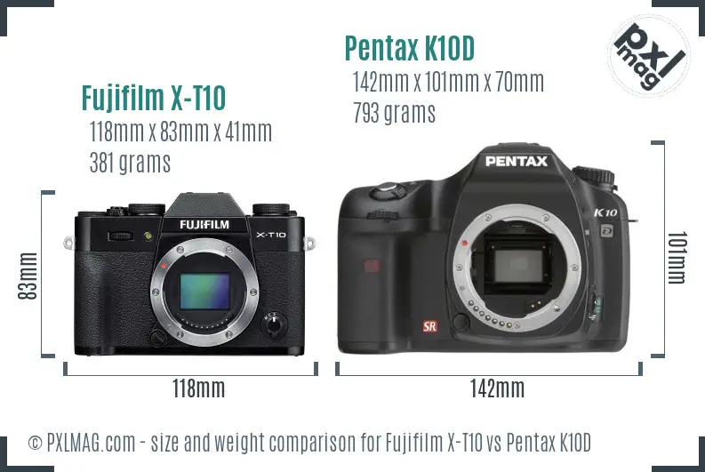 Fujifilm X-T10 vs Pentax K10D size comparison