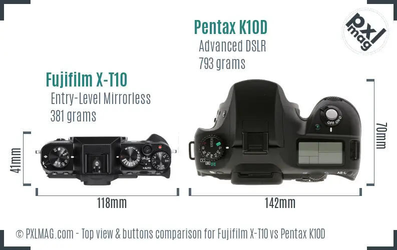Fujifilm X-T10 vs Pentax K10D top view buttons comparison