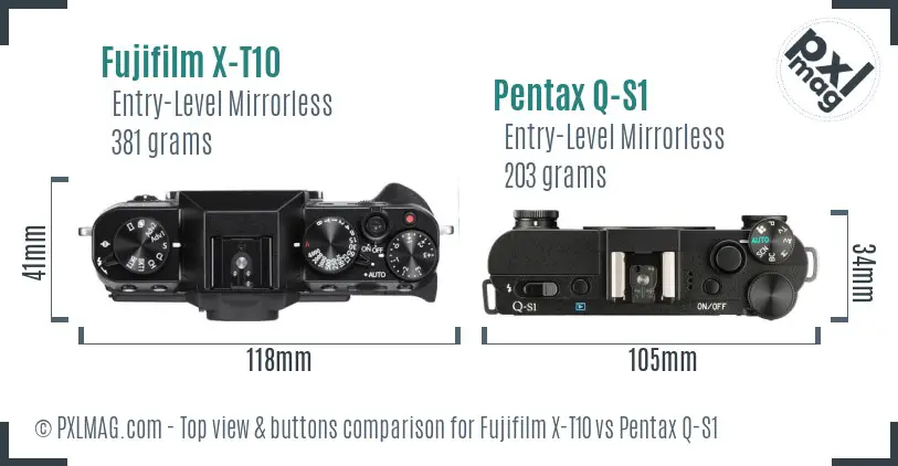 Fujifilm X-T10 vs Pentax Q-S1 top view buttons comparison Fujifilm X-T10 vs Pentax Q-S1 top view buttons comparison