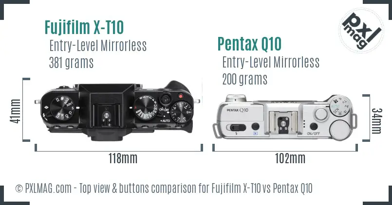 Fujifilm X-T10 vs Pentax Q10 top view buttons comparison
