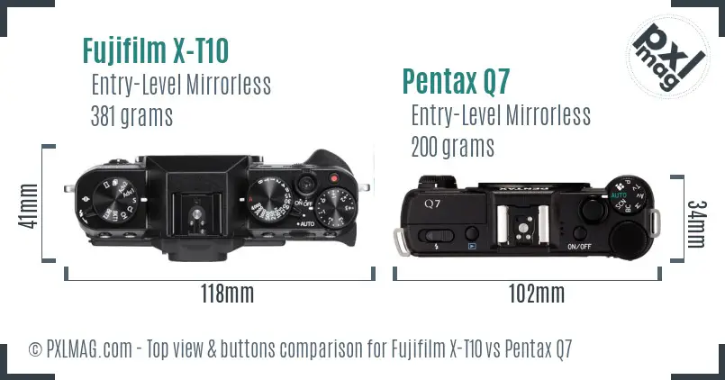 Fujifilm X-T10 vs Pentax Q7 top view buttons comparison