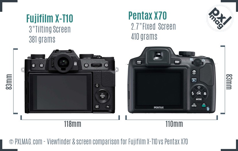 Fujifilm X-T10 vs Pentax X70 Screen and Viewfinder comparison