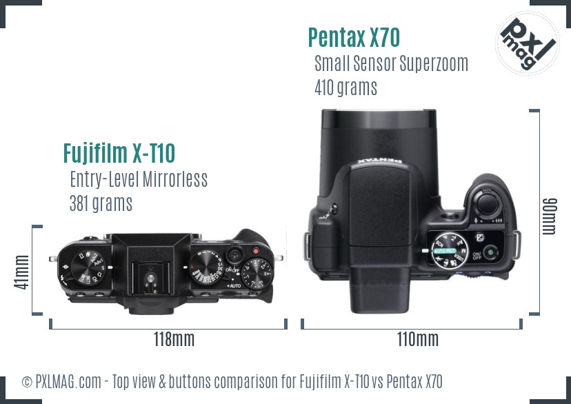 Fujifilm X-T10 vs Pentax X70 top view buttons comparison