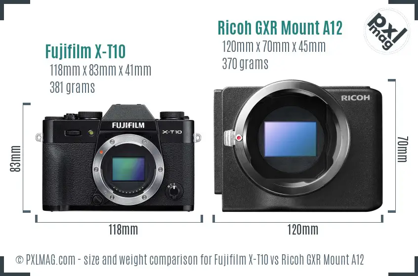 Fujifilm X-T10 vs Ricoh GXR Mount A12 size comparison