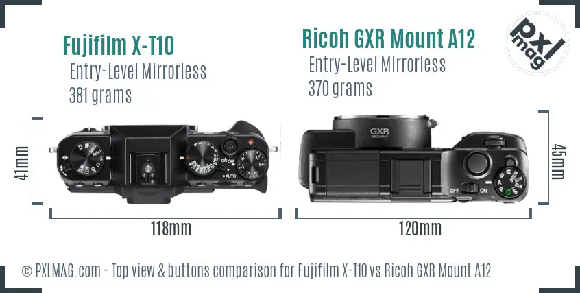 Fujifilm X-T10 vs Ricoh GXR Mount A12 top view buttons comparison