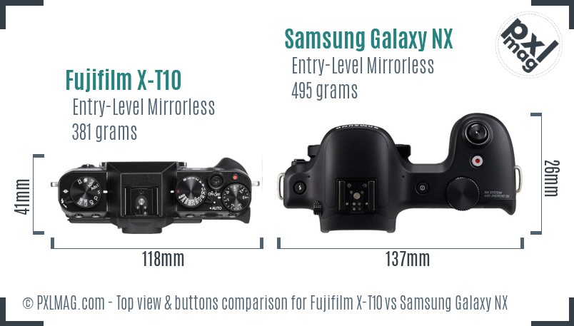 Fujifilm X-T10 vs Samsung Galaxy NX top view buttons comparison
