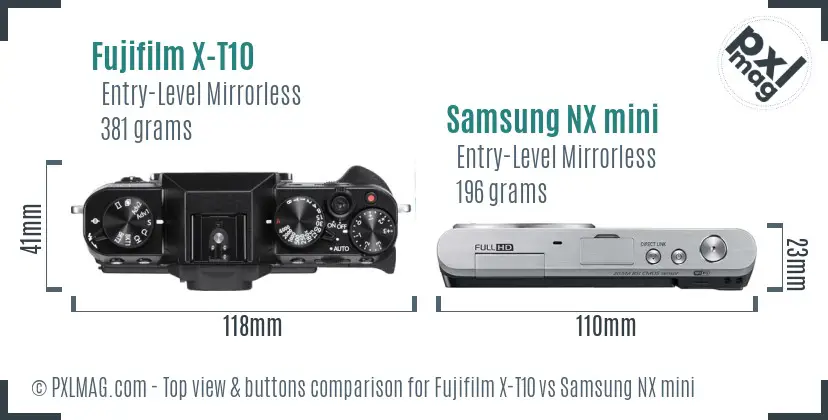 Fujifilm X-T10 vs Samsung NX mini top view buttons comparison