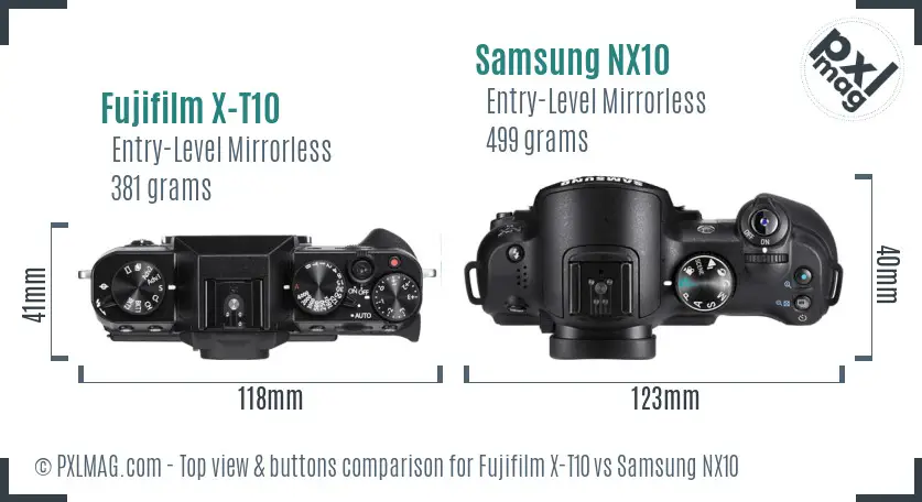 Fujifilm X-T10 vs Samsung NX10 top view buttons comparison