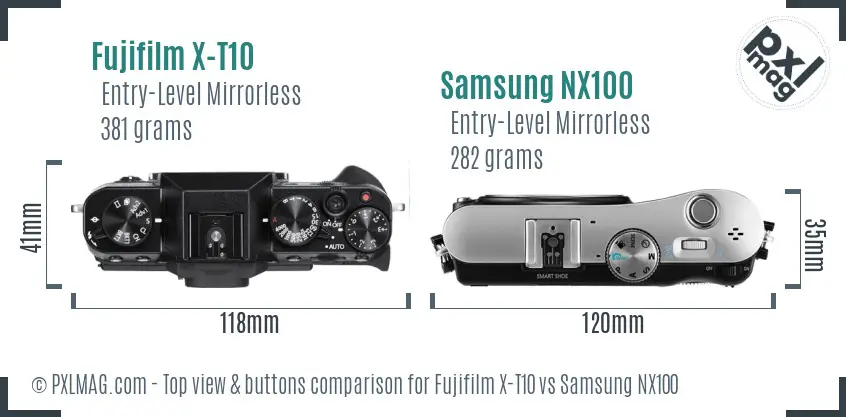 Fujifilm X-T10 vs Samsung NX100 top view buttons comparison