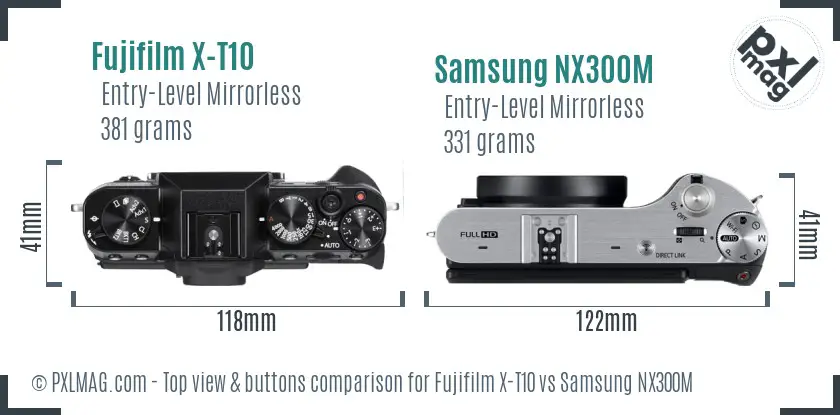 Fujifilm X-T10 vs Samsung NX300M top view buttons comparison Fujifilm X-T10 vs Samsung NX300M top view buttons comparison