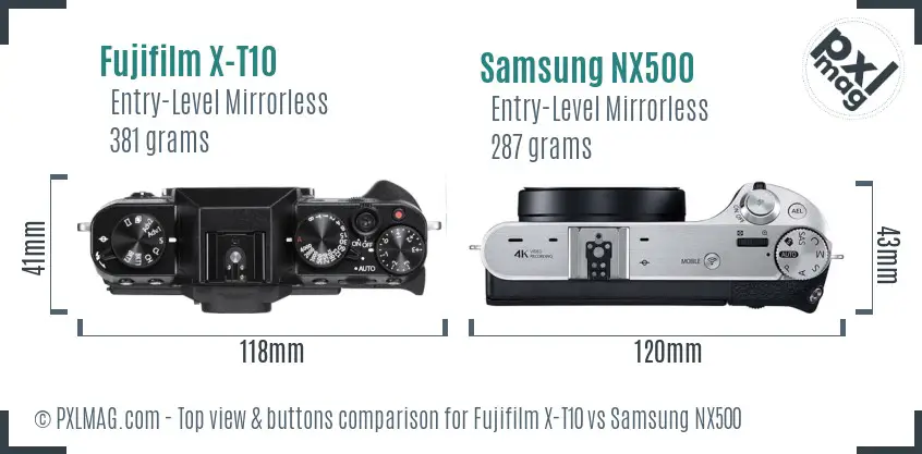 Fujifilm X-T10 vs Samsung NX500 top view buttons comparison