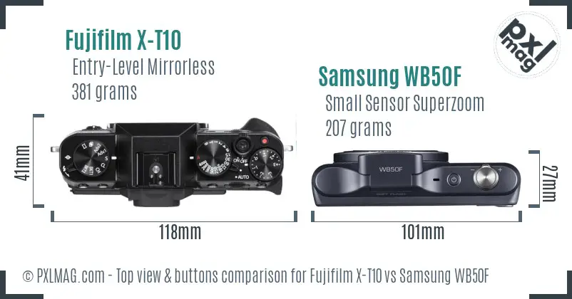 Fujifilm X-T10 vs Samsung WB50F top view buttons comparison