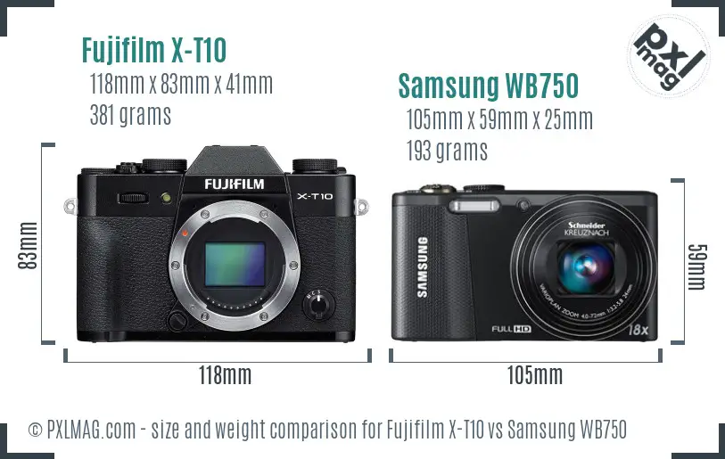 Fujifilm X-T10 vs Samsung WB750 size comparison