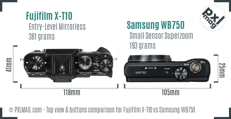 Fujifilm X-T10 vs Samsung WB750 top view buttons comparison
