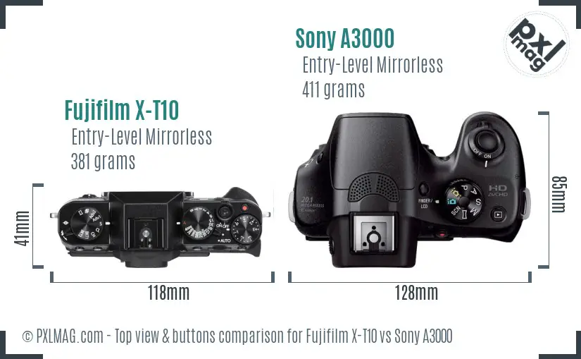 Fujifilm X-T10 vs Sony A3000 top view buttons comparison