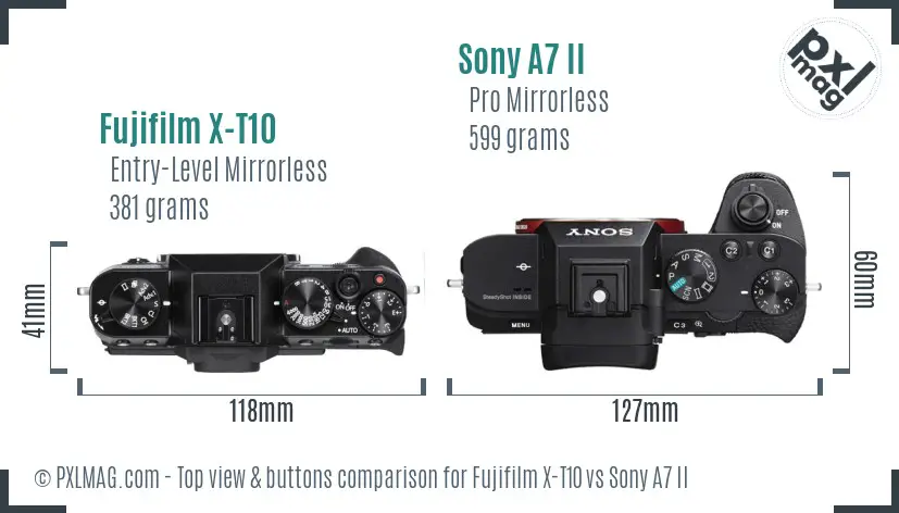 Fujifilm X-T10 vs Sony A7 II top view buttons comparison