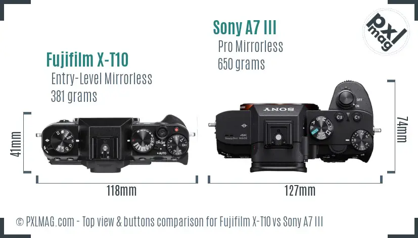Fujifilm X-T10 vs Sony A7 III top view buttons comparison