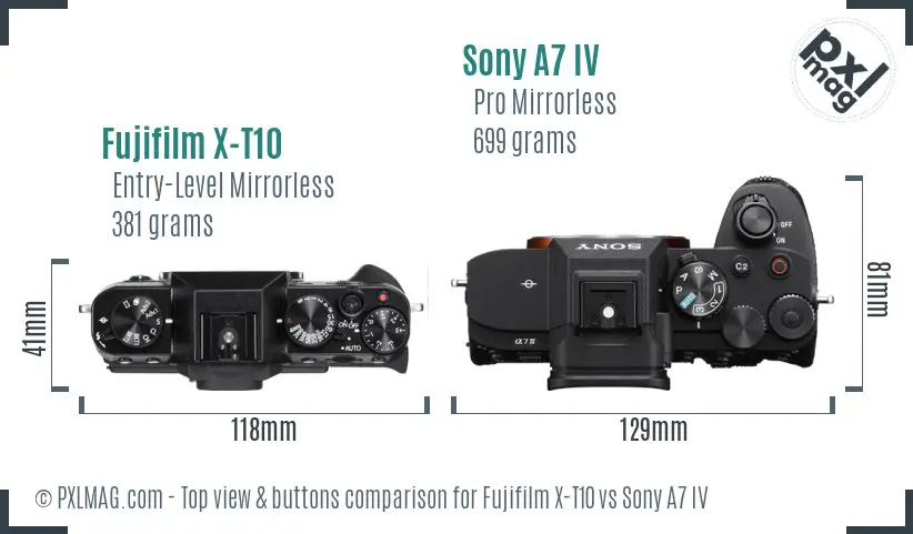 Fujifilm X-T10 vs Sony A7 IV top view buttons comparison