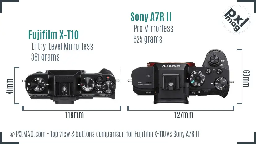 Fujifilm X-T10 vs Sony A7R II top view buttons comparison Fujifilm X-T10 vs Sony A7R II top view buttons comparison