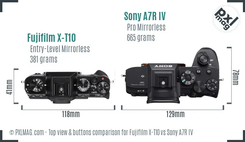 Fujifilm X-T10 vs Sony A7R IV top view buttons comparison