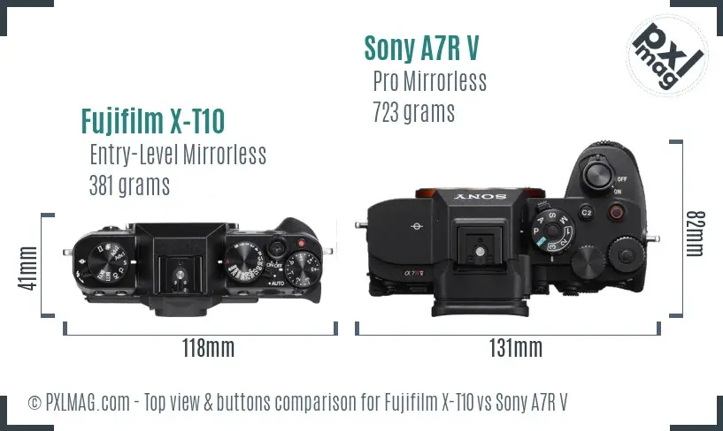 Fujifilm X-T10 vs Sony A7R V top view buttons comparison