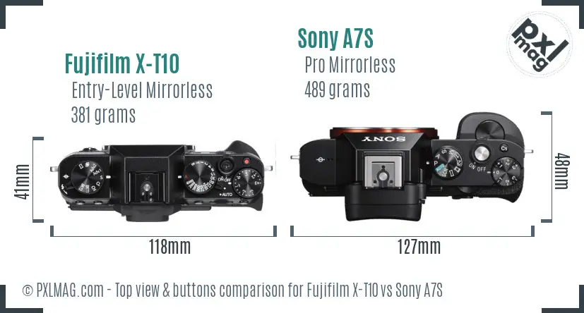 Fujifilm X-T10 vs Sony A7S top view buttons comparison