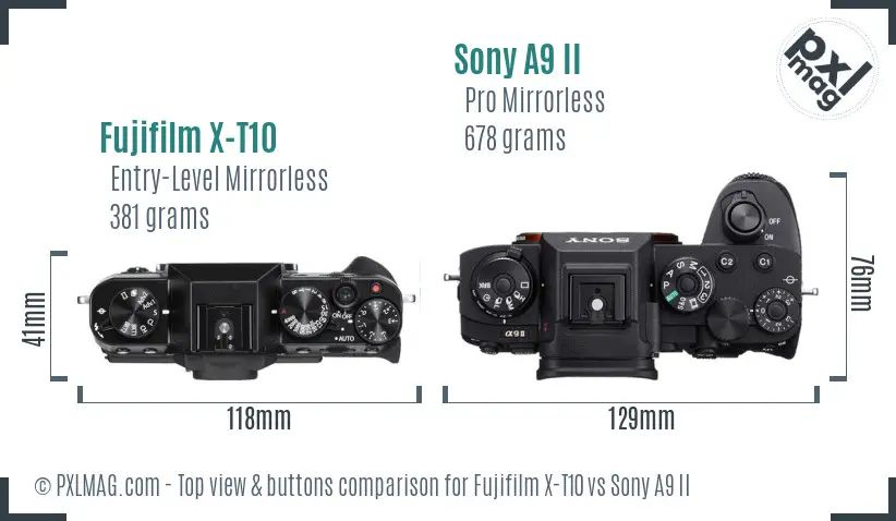 Fujifilm X-T10 vs Sony A9 II top view buttons comparison