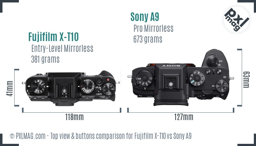 Fujifilm X-T10 vs Sony A9 top view buttons comparison