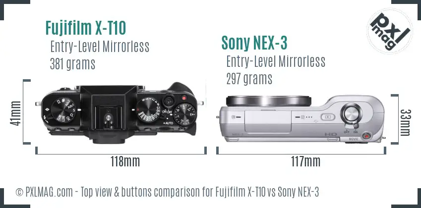 Fujifilm X-T10 vs Sony NEX-3 top view buttons comparison Fujifilm X-T10 vs Sony NEX-3 top view buttons comparison