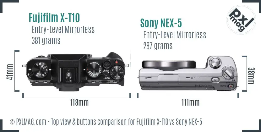 Fujifilm X-T10 vs Sony NEX-5 top view buttons comparison