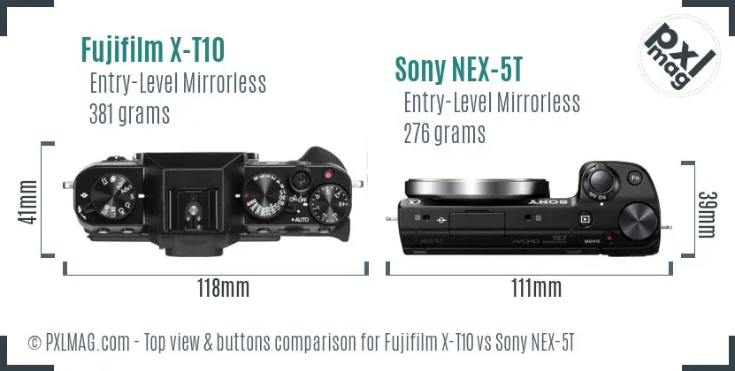 Fujifilm X-T10 vs Sony NEX-5T top view buttons comparison