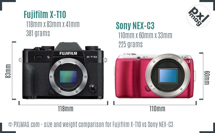 Fujifilm X-T10 vs Sony NEX-C3 size comparison