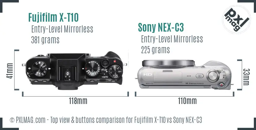 Fujifilm X-T10 vs Sony NEX-C3 top view buttons comparison