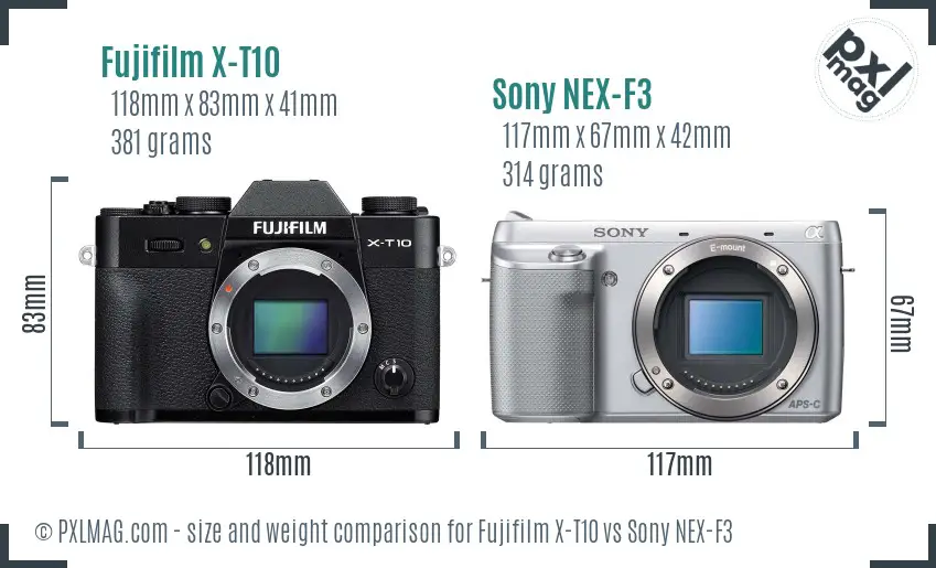 Fujifilm X-T10 vs Sony NEX-F3 size comparison