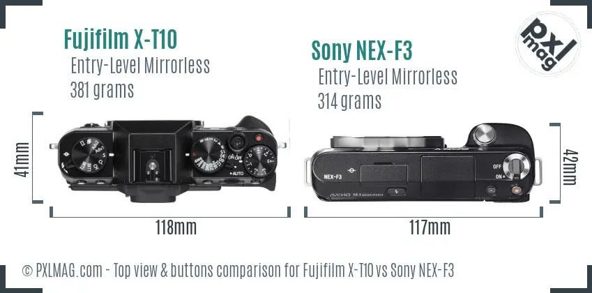 Fujifilm X-T10 vs Sony NEX-F3 top view buttons comparison