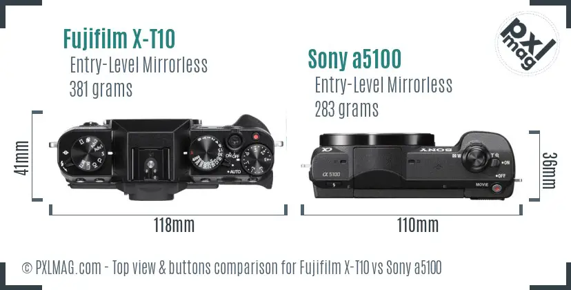 Fujifilm X-T10 vs Sony a5100 top view buttons comparison