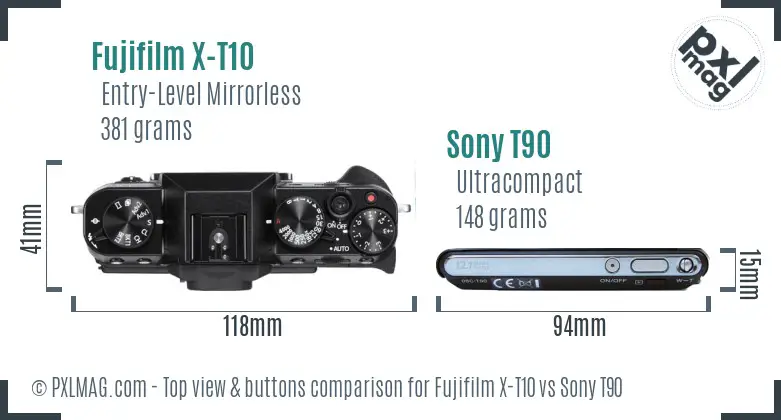 Fujifilm X-T10 vs Sony T90 top view buttons comparison