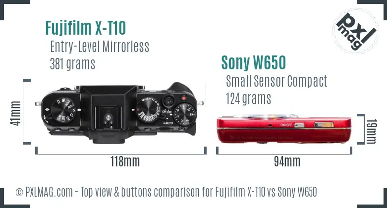 Fujifilm X-T10 vs Sony W650 top view buttons comparison