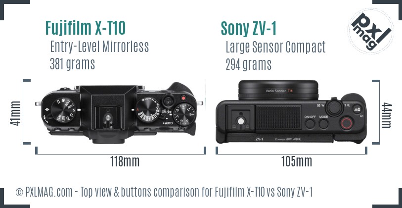 Fujifilm X-T10 vs Sony ZV-1 top view buttons comparison