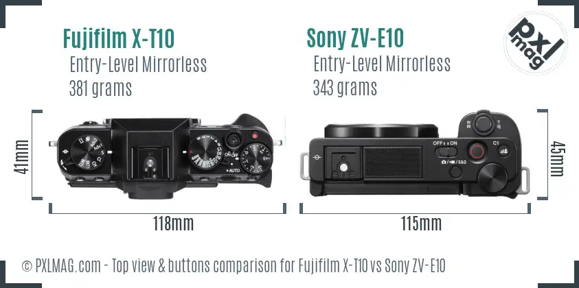 Fujifilm X-T10 vs Sony ZV-E10 top view buttons comparison