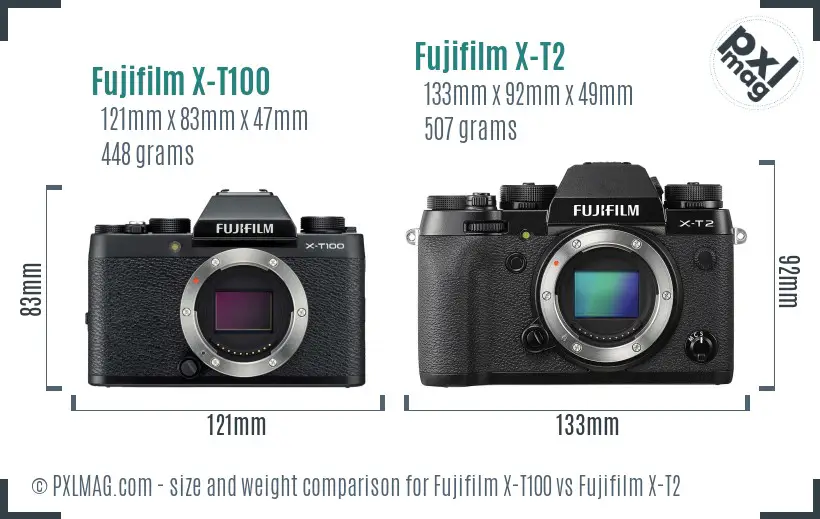 Fujifilm X-T100 vs Fujifilm X-T2 size comparison