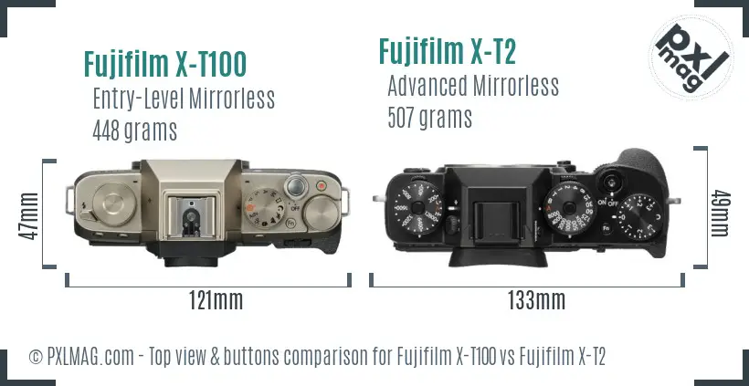 Fujifilm X-T100 vs Fujifilm X-T2 top view buttons comparison