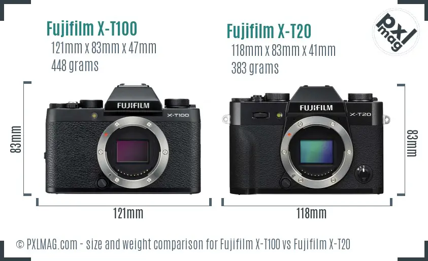 Fujifilm X-T100 vs Fujifilm X-T20 size comparison