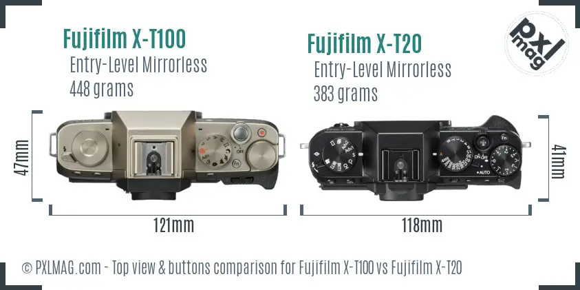 Fujifilm X-T100 vs Fujifilm X-T20 top view buttons comparison