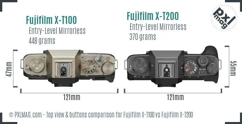 Fujifilm X-T100 vs Fujifilm X-T200 top view buttons comparison