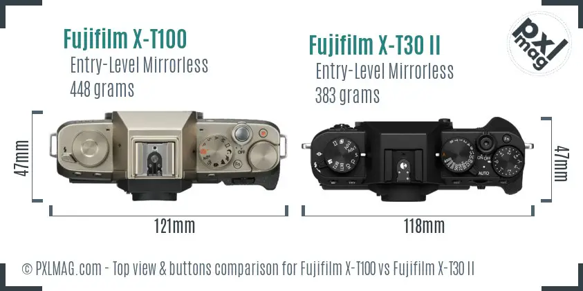 Fujifilm X-T100 vs Fujifilm X-T30 II top view buttons comparison
