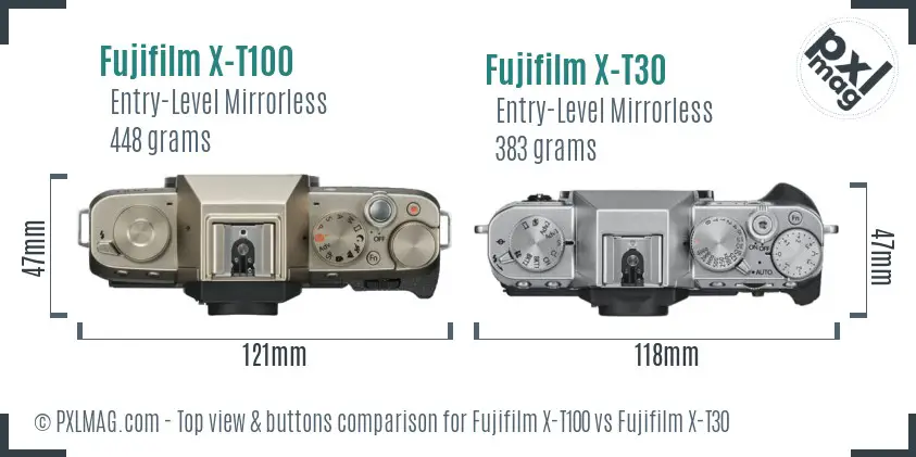 Fujifilm X-T100 vs Fujifilm X-T30 top view buttons comparison