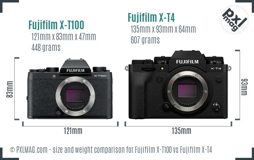 Fujifilm X-T100 vs Fujifilm X-T4 size comparison