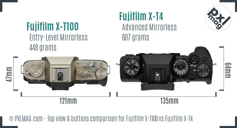 Fujifilm X-T100 vs Fujifilm X-T4 top view buttons comparison