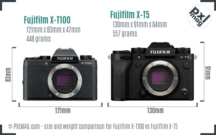 Fujifilm X-T100 vs Fujifilm X-T5 size comparison